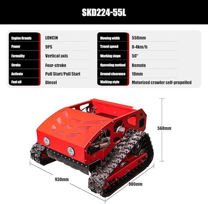 Lawn Mower, Remote Control Lawn Mower, Small Crawler Oil-Electric Hybrid Four-Wheel Drive Lawn Mowing and Weed Whacker, All Terrain Grass Cutter Yard Mower, 45° Climbing (SKD-224-55)