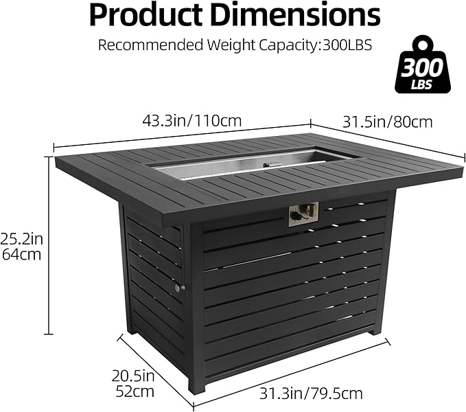 43.3 inch Outdoor Propane Fire Pit 2 in 1 Firepit Table Gas Fire Pit Table with Lid, Glass Wind Guard Rectangle Gas Firepit Table for Garden/Patio, CSA Certification (Dark Grey)