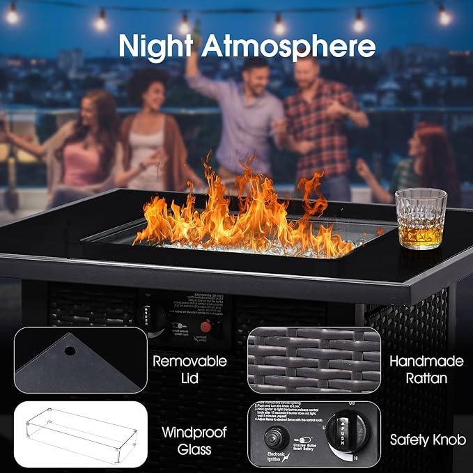 28'' Gas Fire Pit Table, Outdoor Square Fire Pit Table with Cover, Glass Wind Guard & Glass Rock, 60000 BTU Stainless Steel H-Burner Fire Pit Tables for Outside Patio Backyard Garden (Square)