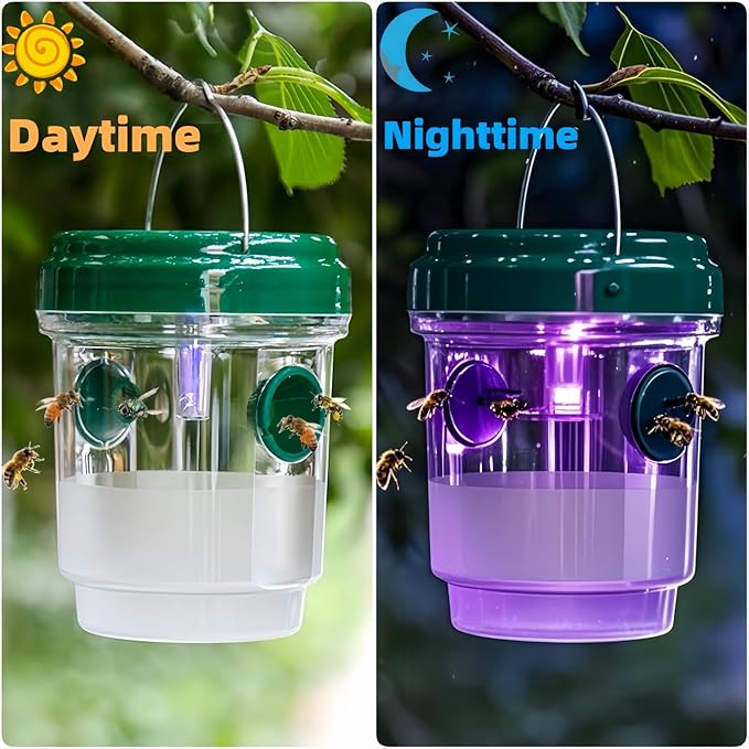 3 Pack Wasp Traps Outdoor Hanging, Solar Bee Trap for Outside with LED Light, Wasp Repellent, Bee Killer, Hornet Deterrent, Yellow Jacket Catcher, Reusable for Garden, Orchard, Indoor