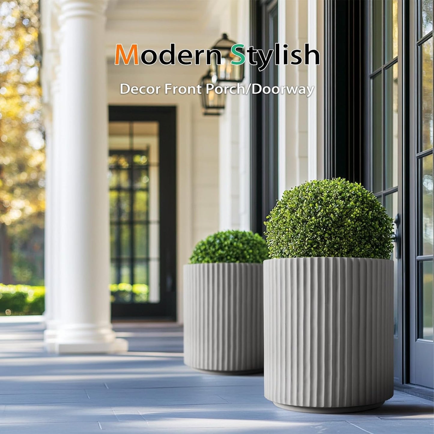 Round Concrete Planter Outdoor Indoor, Large Cement Plant Pots for Flowers (Vertical Gray, 16 inch)