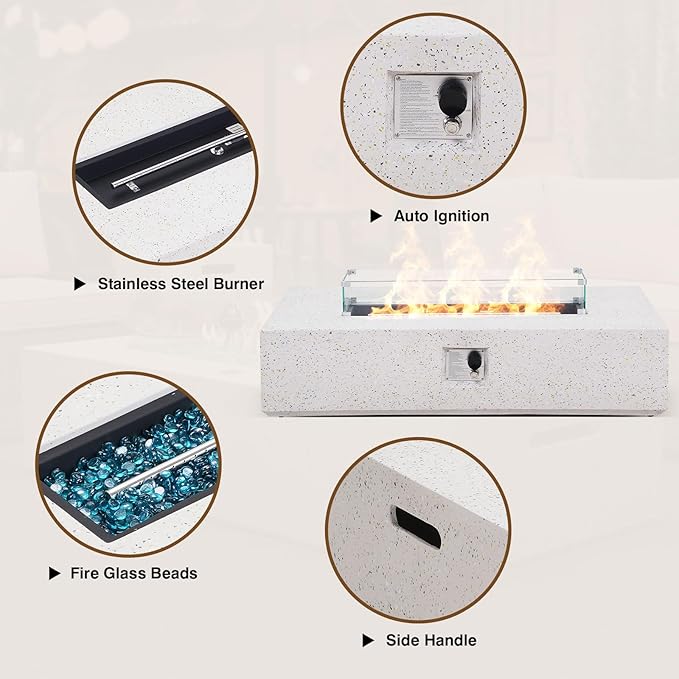 3-Piece Outdoor Propane Fire Pit Table Set – Premium Terrazzo-Like MgO Finish, 56-Inch Gas Fire Table with Tank Table & Glass Wind Guard for Patio, Garden & Backyard, Includes Rain Cover & Glass Beads