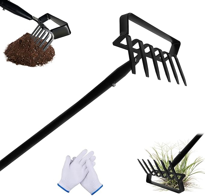 6-Tines Rake and Stirrup Hoe, Metal Garden Hula Hoes Tiller Rake Tool with Adjustable Long Handle, Action Scuffle Loop Hoe for Weeding, Digging, Loosening Soil