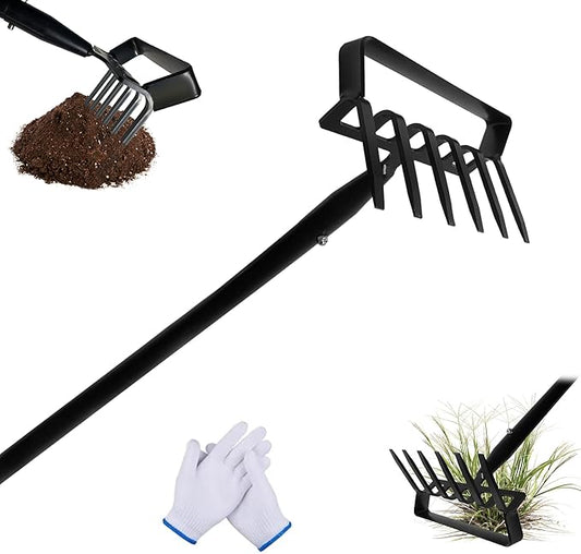 6-Tines Rake and Stirrup Hoe, Metal Garden Hula Hoes Tiller Rake Tool with Adjustable Long Handle, Action Scuffle Loop Hoe for Weeding, Digging, Loosening Soil