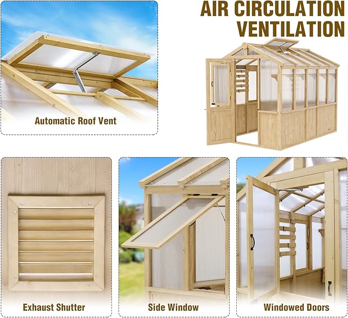 EAGLE PEAK 6.7x9.7x7.7 ft Wood and Polycarbonate Walk-in Greenhouse, Cedar Hobby Green House with 2 Roof Vents, Natural