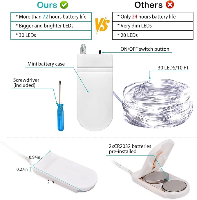 VOOKRY 8 Pack 30 LED Fairy Lights Battery Operated String Lights - 10 ft Mini Silver Wire Firefly Starry Moon Lights for DIY Crafts Wedding Party Table Centerpieces Bedroom Christmas(Cool White)