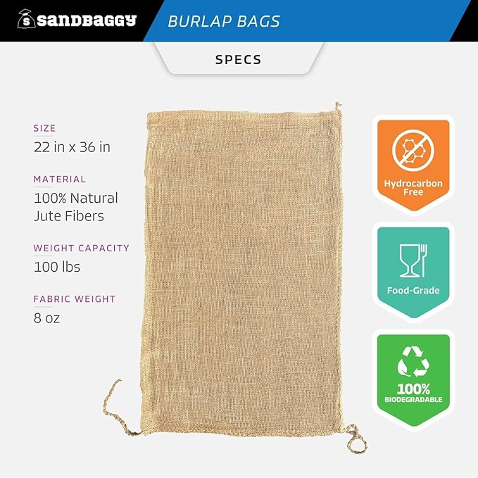 Sandbaggy Burlap Bags for Vegetables & Gardening, 22" X 36"- Burlap Sacks Perfect for Kids - Plant Covers - Holds Up to 50lbs - Food Grade (Pack of 10)