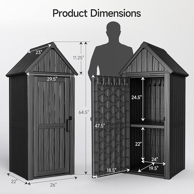 Multifunctional Storage Shed, Outdoor Storage Cabinet with Hooks and Lock Ring, Waterproof Outdoor Storage Shed for All Weather, Tool Outdoor Shed for Patio Lawn and Garden