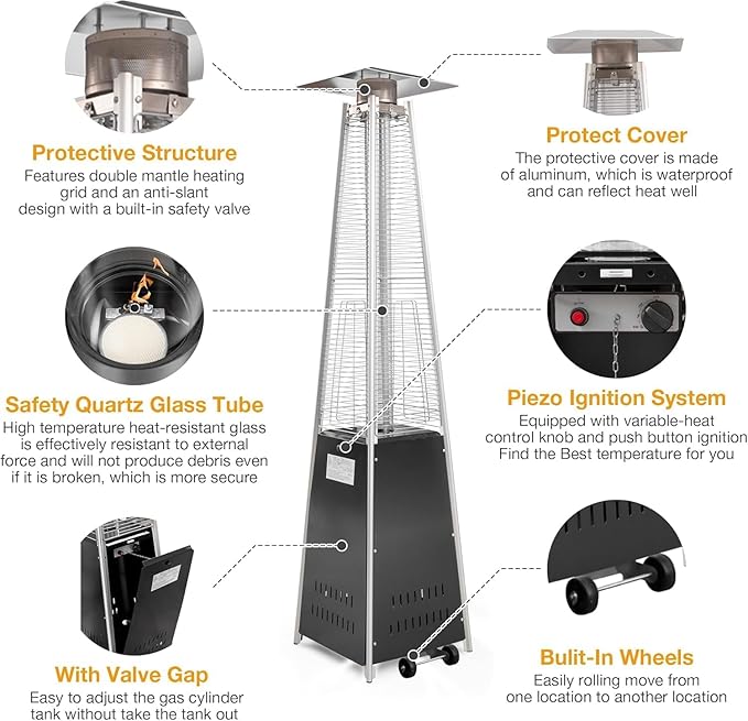 Pyramid Patio Heater with Wheels, Quartz Glass Tube Outdoor Heaters for Patio with Triple Protection System, CE & ETL Certified, 89 Inch LP Propane Tower Heater T for Commercial Residential, Black