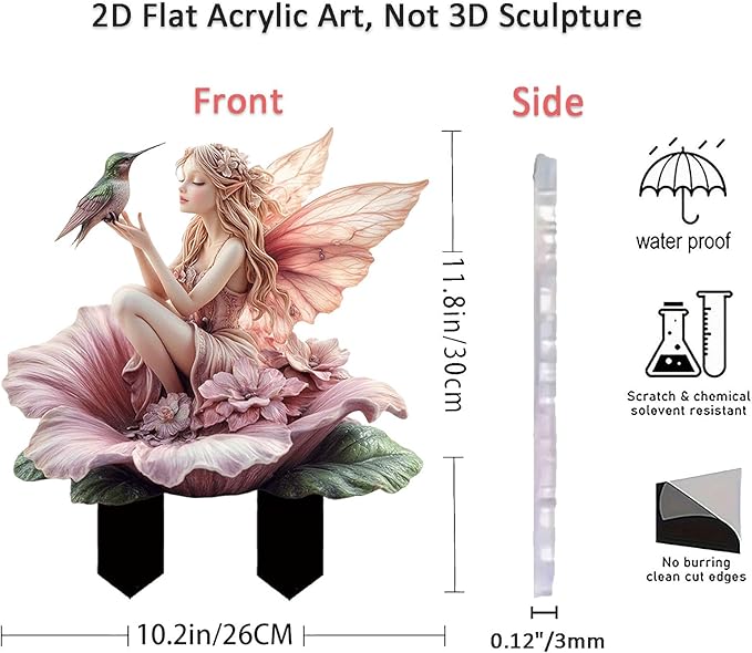 Fairy Garden Stake Decor, 2D Flat Acrylic Fairy Garden Decor Panel, Elf Yard Sign for Outdoor Indoor Yard Lawn Plants Pots, Fairy Garden Accessories (Flowers Fairy and Hummingbird)