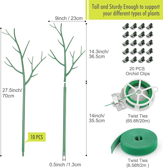 10 Pack Plant Support Stakes for Indoor Plants, 27.56 Inch Twig Plant Sticks with Orchid Clips Twist Ties and Plant Ties for House Potted Plants and Flower, Plastic Branches Support Structures, Green