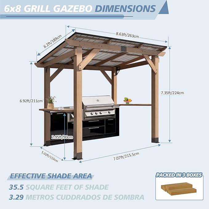 CHARMELEON 6'x8' Wood Grill Gazebo, Cedar Wood BBQ Grill Gazebo with 2 Side Storage Shelves, Pavilion with Hardtop Sloping Steel Roof for Outdoor, Patio, Barbecue, Garden, Deck