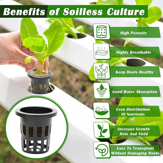 100 Pcs Rockwool Cube for Hydroponics with Net Pot, 50P 1Inch Rockwool Stonewool Plug & 50P 1.5Inch Net Cup for Seed Starter Soilless, Hydroponics, Plant Germination Start (Black)