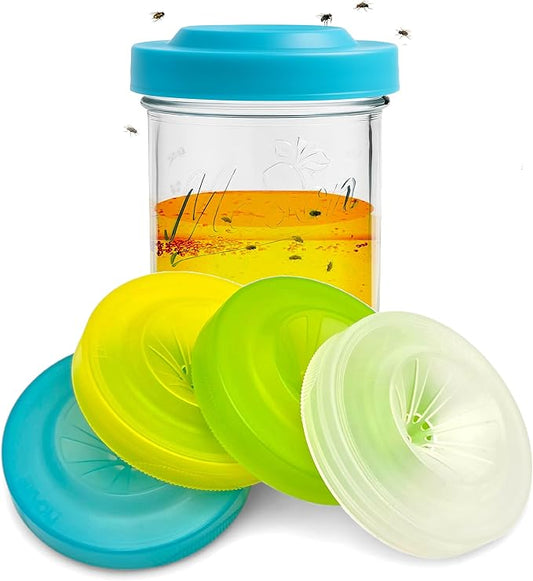 Fruit Fly Trap Lids for Wide Mouth Mason Jars - Natural Non-Toxic Gnat Catchers, Reusable Covers (4 Pack)