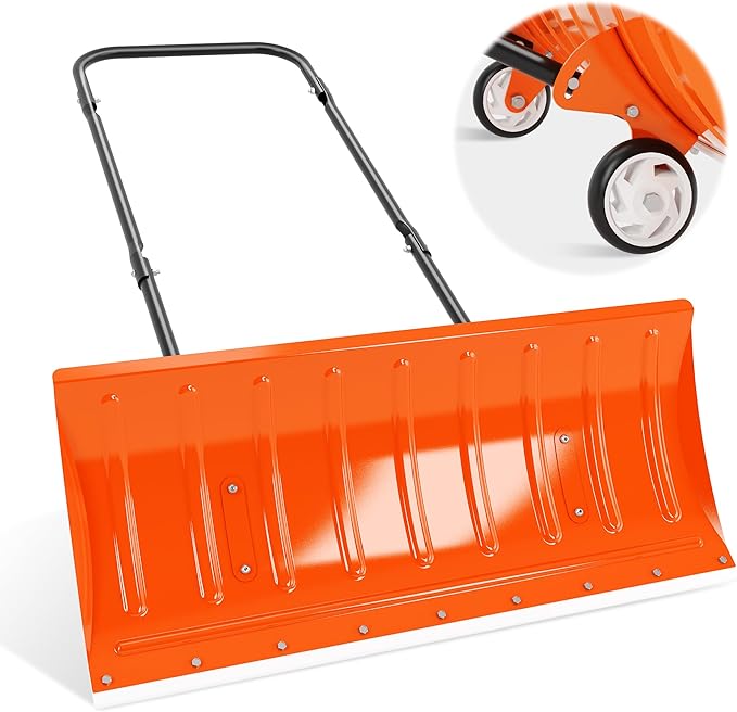 Walensee 30in Metal Snow Shovel for Driveway with Wheels, Snow Pusher Large Blade for Sidewalk Efficient Snow Removal, U-Shaped Handle, Heavy Duty Snow Shovels, Back Saver Snow Plow for Deck