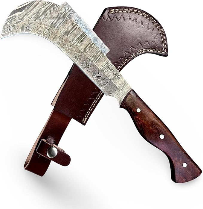 Hand Forged Damascus Steel Billhook Machete Knife – Heavy Duty Sickle Garden Tool for Cutting Trees, Yard Work, Weeding, and Camping – Survival Machete with Leather Sheath and Belt Loop