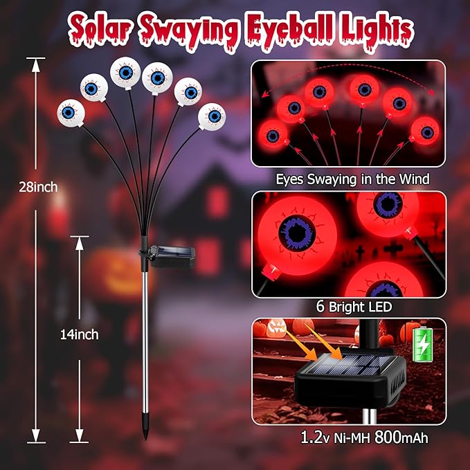 Halloween Decorations Outdoor, 6 Pack 36 LED Solar Red Scary Eyeball Swaying Lights, Red Solar Firefly Light Waterproof Outdoor Garden Lights for Halloween Yard Garden Party