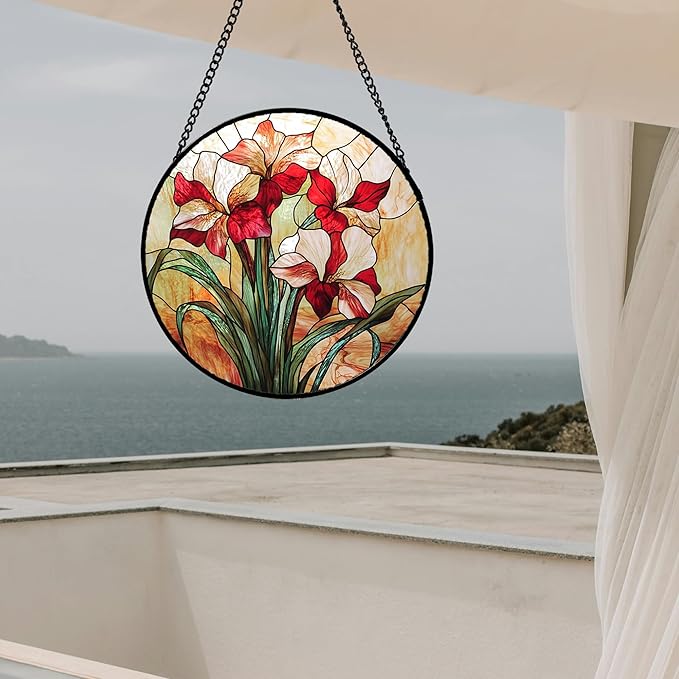 Stained Glass Window Hanging - Red Gladiolus Flower Suncatcher for Door Yard Sun Catchers Decor Christmas Mother's Day Birthday Gifts for Lovers Women Mom Nana Girlfriend Wife 15 in