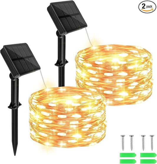 Solar Fairy Lights Outdoor Waterproof,16.4ft 50LED Solar String Lights for Outside 8 Modes 2 Packs for Christmas Halloween Holiday Patio Backyard Garden Deorations Warm White