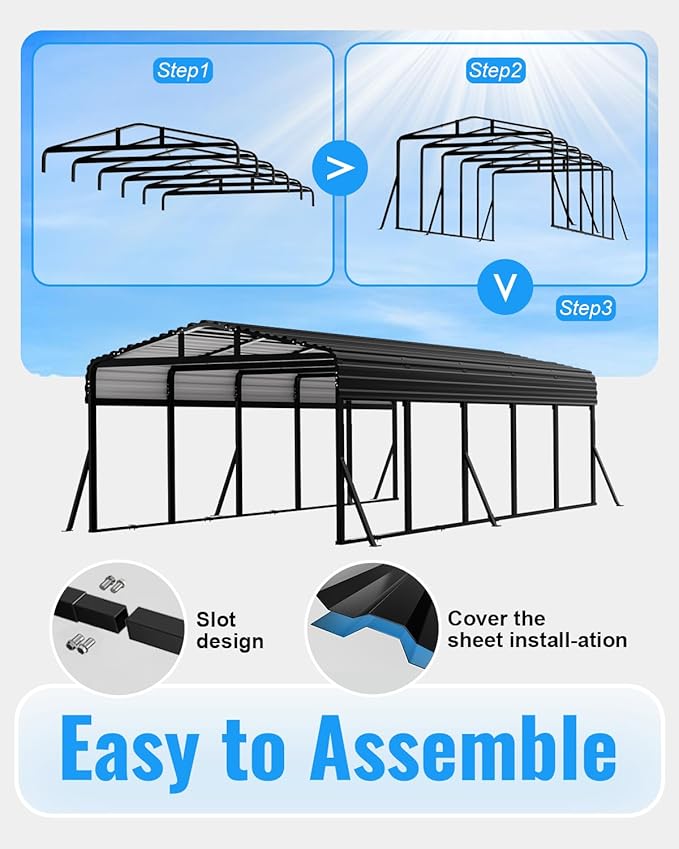 12x25FT Metal Carport, Extended Heavy Duty Carport with Reinforced Frame & Side Support Poles for All-Weather, Large Outdoor Car Port for Pickup Trucks, Boats, Cars & Tractors