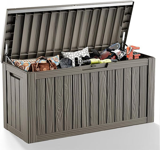 81 Gallon Outdoor Storage Box Waterproof, UV Resistant Resin Deck Box with Hydraulic Rod, Lockable Design and Enhanced Durability for Patio, Garden, and Poolside Use