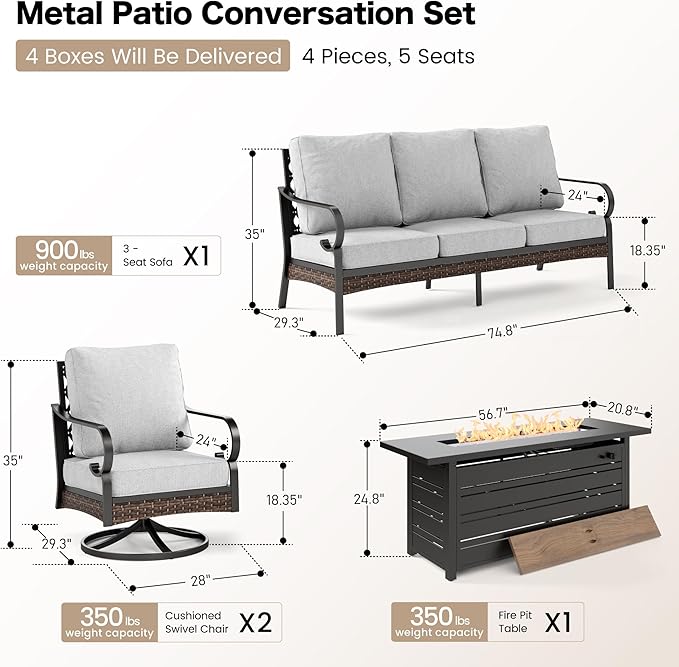 4 Piece Black Metal Outdoor Patio Furniture Sets with Firepit Table, Patio Conversation Sets 1 3-Seater Sofa, 2 Swivel Sofa with 5.75" Cushion Backyard Furniture for Deck, Light Gray