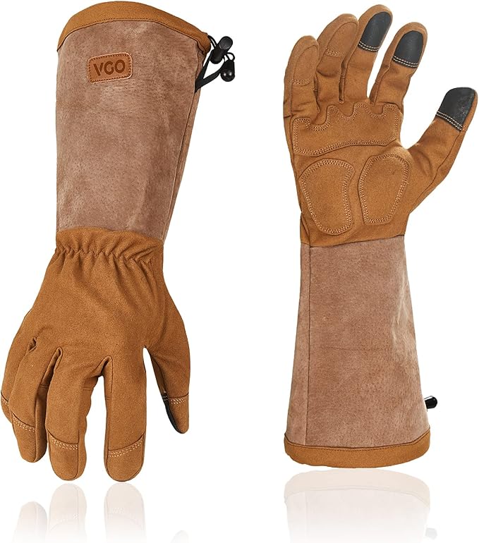 Vgo... Safety Work Gloves Men, Extended Pig Split Leather Cuff,Synthetic Leather, Rose Pruning Thorn Proof,Gardening (1 Pair,Size XL, Brown,SL6592M)
