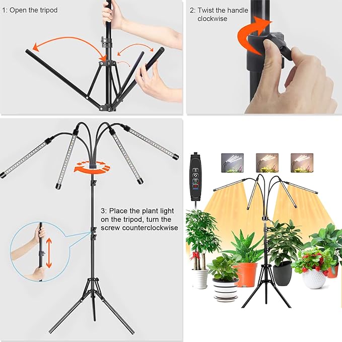 Grow Lights with Stand,4 Goosenecks Floor Plant Light for Indoor Plants,10 Dimmable Levels & Auto On/Off Timer(3/9/12H Timer), 3 Switch Modes,Tripod Stand Plant Lamp Height Adjustable.