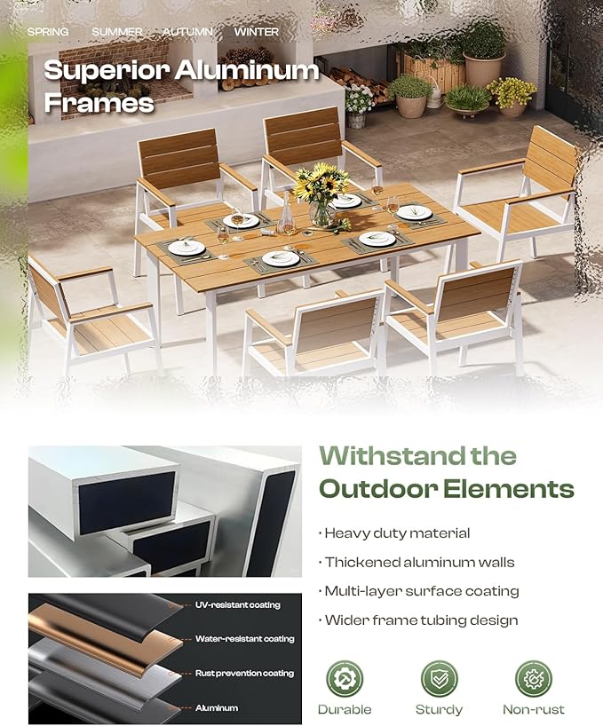 Outdoor Patio Dining Table Sets 7-Piece Aluminum and HDPS All-Weather Table and Chairs with Umbrella Hole, Patio Modern Furniture Sets for Garden, Backyard (White & Teak)