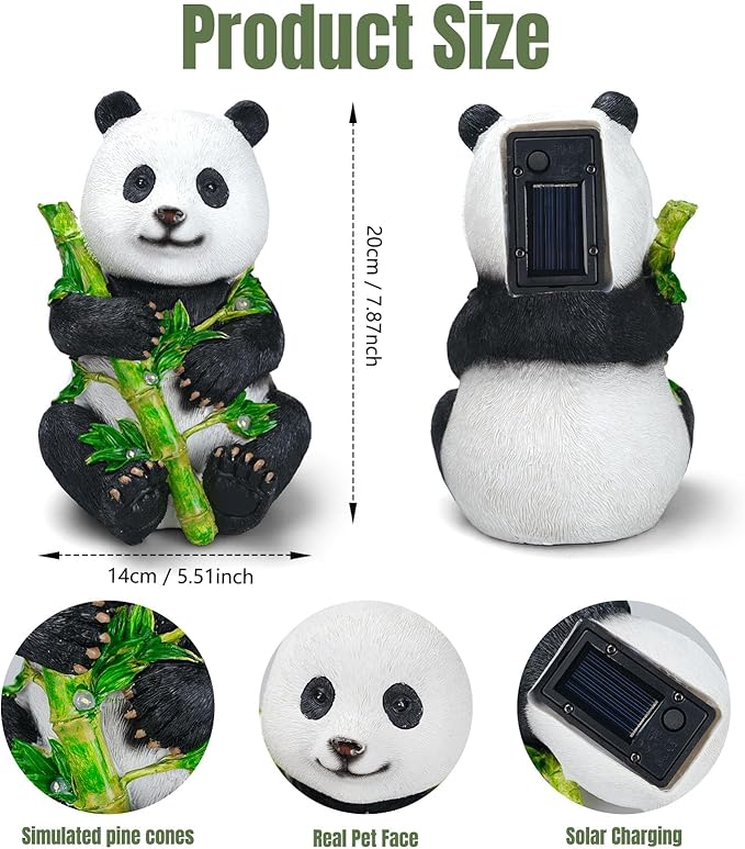 Garden Panda Solar Lights Bamboo Statues Cute Sculptures Waterproof Resin for Indoor Outdoor Porch Patio Lawn Yard Decorations (Sitting)