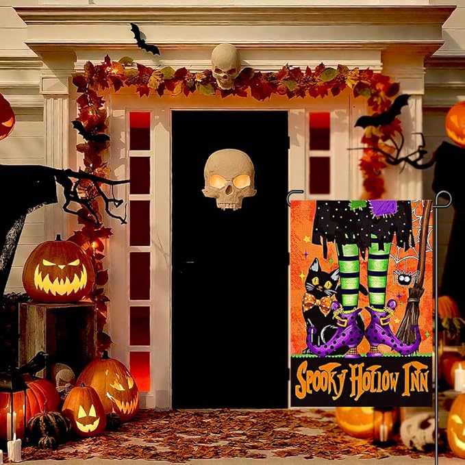 Halloween Black Cat Garden Flags for Outside 12x18 Inch Double Sided Burlap, Spooky Hollow Inn Welcome Sign Small Flag Farmhouse Holiday Yard Lawn Outdoor Decorations DF874