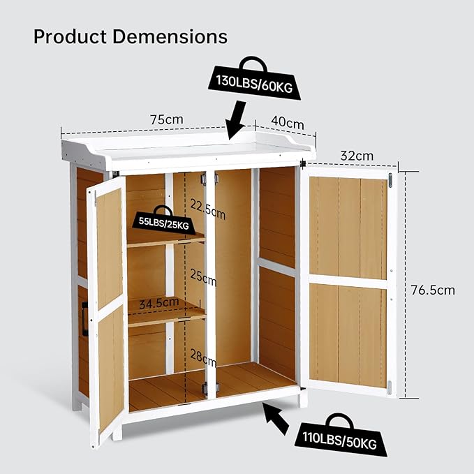Potting Bench Outdoor Cabinet with Metal Tabletop, Wooden Storage Cabinets Weatherproof for Outside, Planting Work Benches with Adjustable Shelf, Doors for Garden Patio Lawn