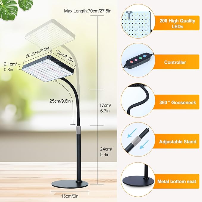 FECiDA Smart Control Desk Grow Light with Timer 4/8/12H, 25W Table Top Grow Lights for Indoor Plants, Seed Starting, Bonsai, Bright Enough Like A Small Sun for Indoor Jungle, 16"-24" Height Adjustable