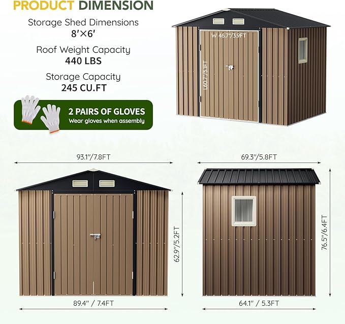 Breezz 8x6FT Outdoor Steel Storage Shed with Clear Window, Lockable Doors, Weather-Resistant Metal Tool Shed for Garden, Backyard, Patio, and Utility Storage.Brown