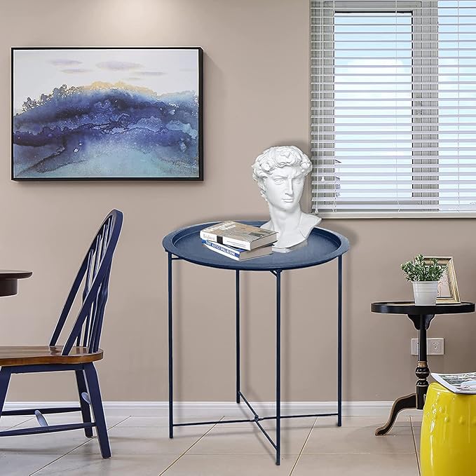 Garden 4 you End Table 2 PCS Metal Side Table Dark Blue Round Folding Tray Cyan Sofa Small Accent Fold-able Table, Round End Table Tray, Next to Sofa Table, Snack Table for Living Room and Bed Room