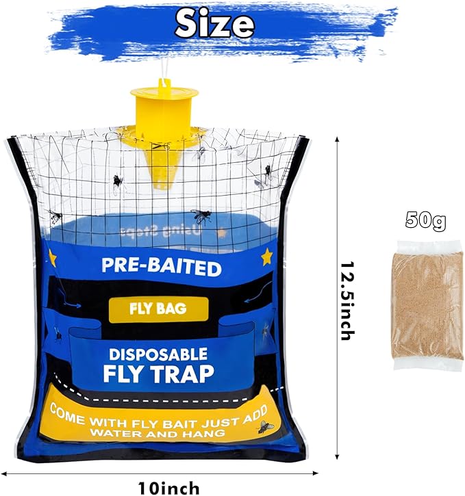 10 Fly Traps Hanging Outdoor, Natural Pre-Baited Fly Bag Outdoor Disposable, Fly Catcher, Killer, Hunter, Stable, Farm, Barn, Ranch, Fly Trap for Mosquitoes