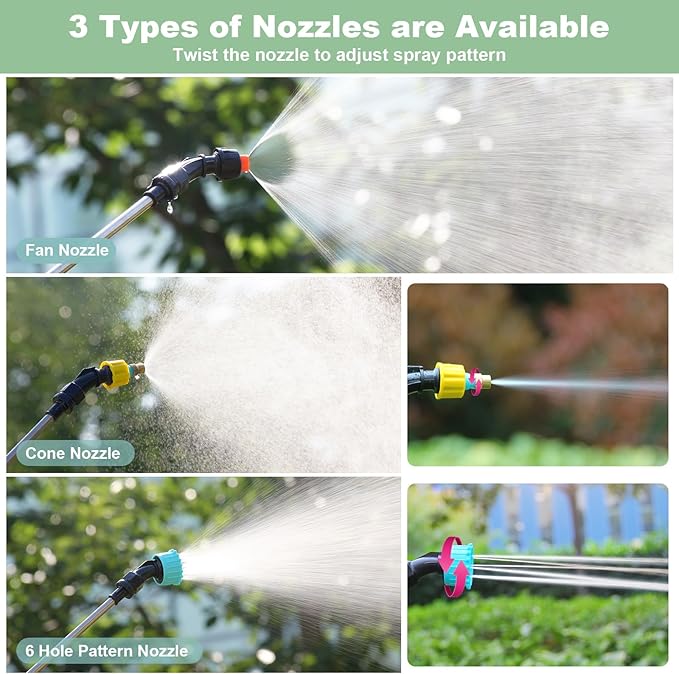 Battery Powered Sprayer 1.35Gallon/5L, 2025 Upgraded Electric Sprayer in Lawn and Garden with 3 Adjustable Force, Battery Indicator, Rechargeable Handle, Telescopic Wand,3 Mist Nozzles,Shoulder Strap