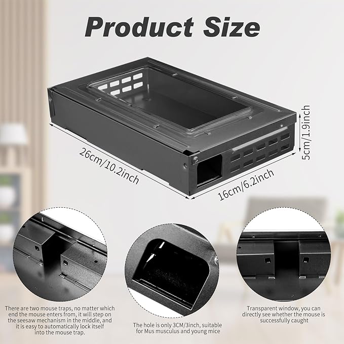 Qualirey 4 Pack Multi Catch Mice Trap Clear Top Humanized Mouse Trap Rodent for Indoor Outdoor Rat Control Pet and Security (Black)