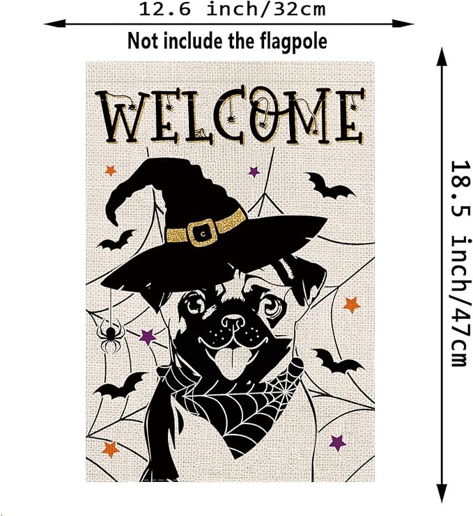 Halloween Garden Flag Pug Cobweb Bats Double Sided Vertical Welcome Flag Holiday Outdoor Yard Lawn Decorations 12.5 x 18 Inch