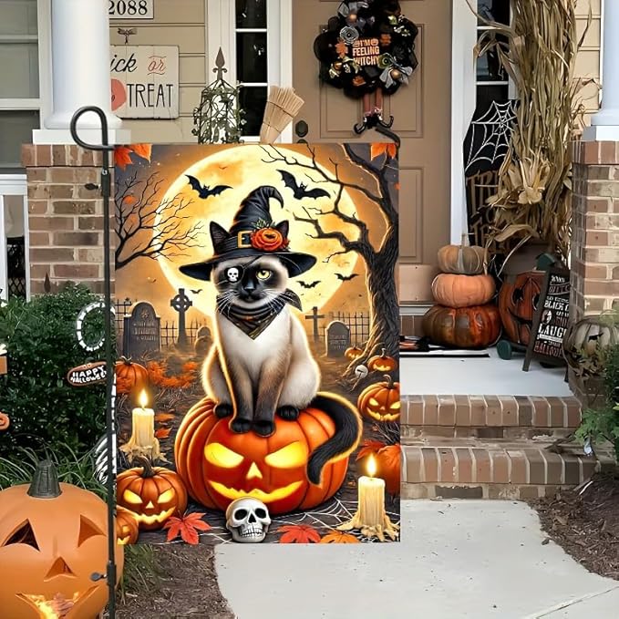 Happy Halloween Garden Flag Double Sided 12x18 Halloween Pirate Witch Cat Garden Flag Graveyard Full Moon Pumpkin Flag Holiday Outside Decorations Banner