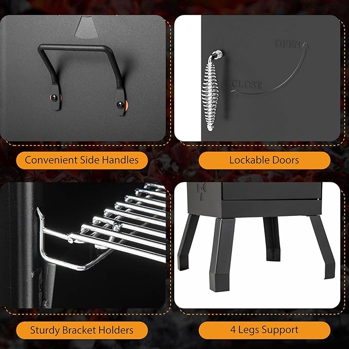 Charcoal Smoker Outdoor, Vertical BBQ Smoker with Thermostat, 2 Access Doors, 2 Cooking Grates, 2 Removable Pans & 4 Air Vents, Meat Smokers Grill for Parties, Barbecues and Backyard