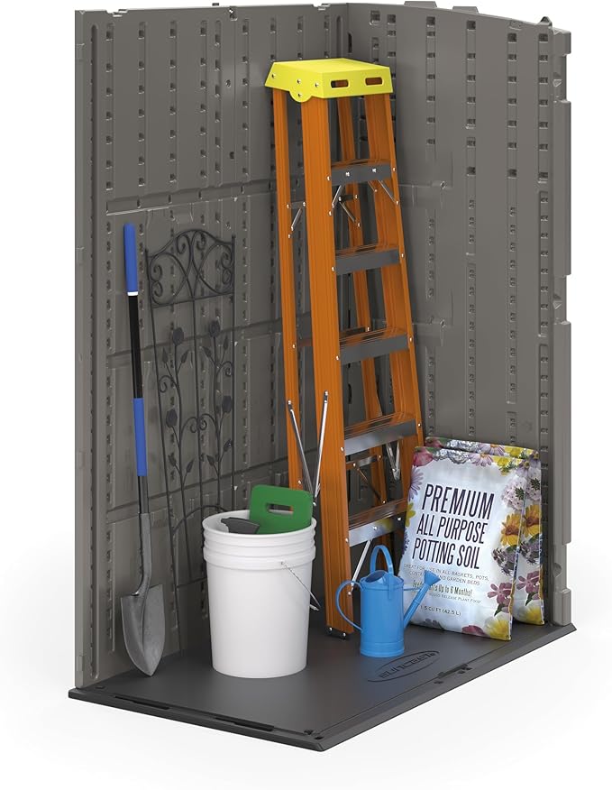 Suncast 54 Cubic Ft. Vertical Resin Outdoor Storage Shed with Lockable Double Doors, Weather-Resistant Multi-Wall Panels, Customizable Shelving, Stoney, Made in the USA
