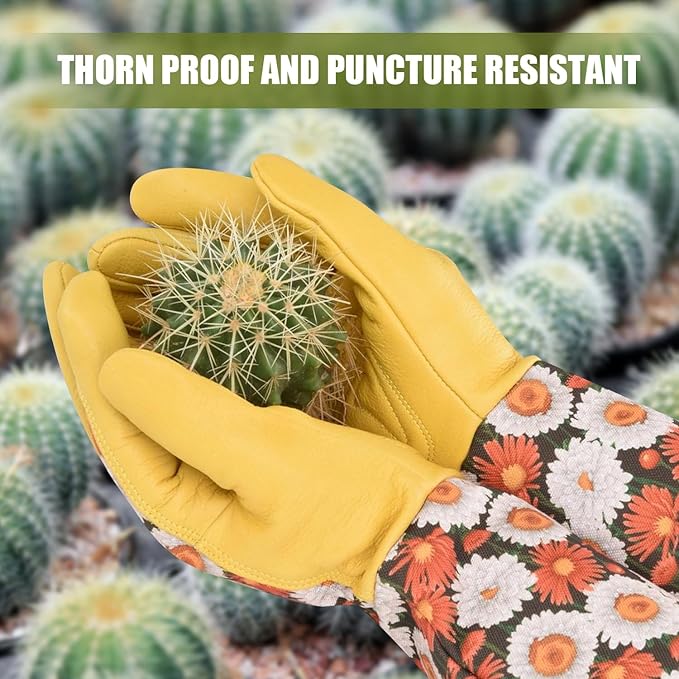 Long Gardening Gloves for Women Thorn Proof,Rose Pruning Cowhide Leather Garden Gloves for Cactus, Rose and Blackberry