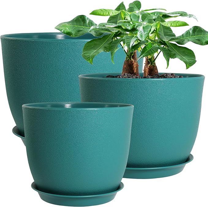 12/10/9 Large Modern Plant Pots, Plastic Planters with Drainage Holes and Saucers for Indoor Outdoor Plants Flowers, Malachite Green