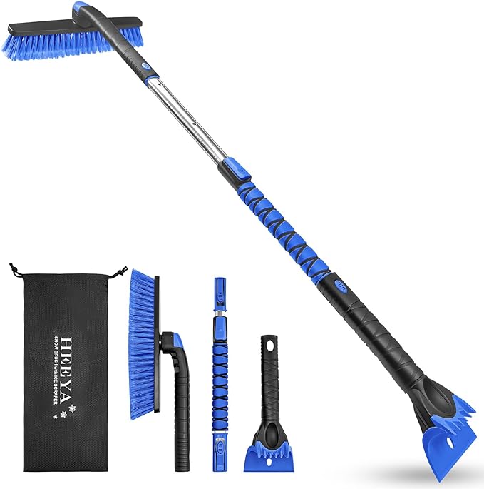 HEEYA 48 Inch Long Snow Brush for SUV, Extendable Ice Scraper and Brush with Foam Grip, 360° Pivoting Snow Car Brush for Truck Auto Jeep RV Vehicle Windshield Window - Blue