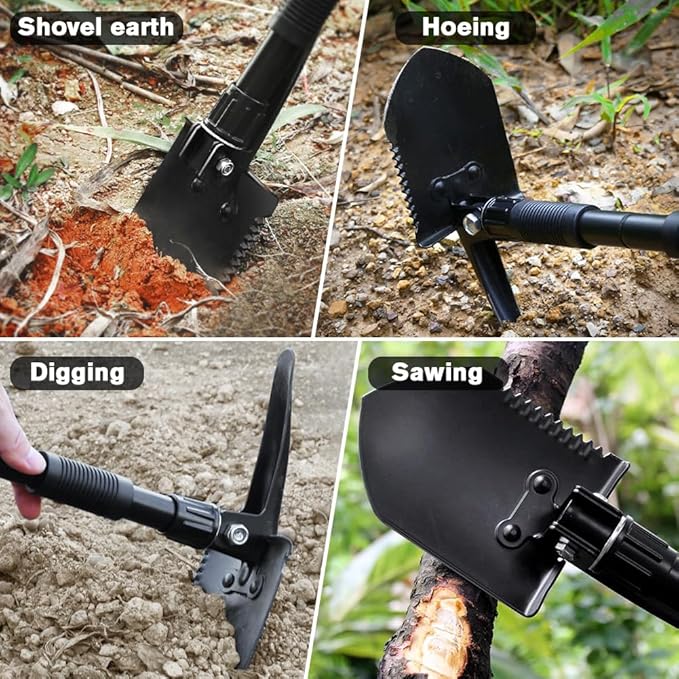Folding Shovel, Overall Length 15.35 Inches, Foldable Design with Portable Bag, Made of Durable Materials, Serrated Edge, for Camping, Hiking, Gardening, Fishing & Emergencies (Black)