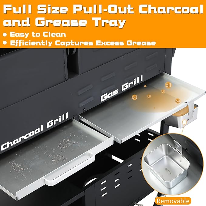 CIG GARDEN 3 Burner Propane Gas and Charcoal Grill Combo with Side Burner,Dual Fuel BBQ Grill with Cast Iron Griddle,41,500 BTU Output Perfect for Outdoor Cooking, Balcony, Backyard,Camping