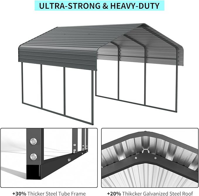 10x15 FT Metal Carport with Enhanced Base and Galvanized Steel Roof, Heavy Duty Outdoor Garage Car Shelter for Car, Boats and Truck