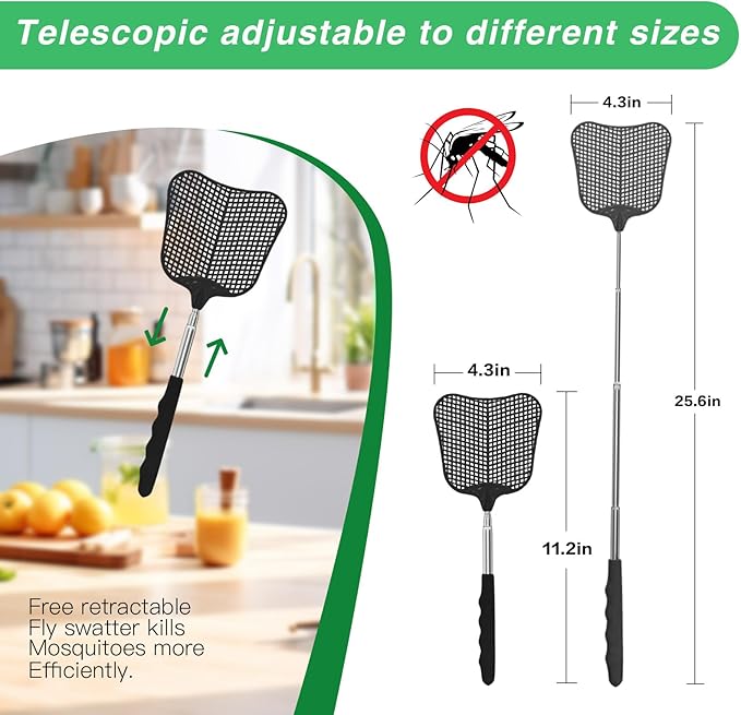Fly Swatter 2 Pack, Durable Heavy Duty Plastic Fly Swatters, Stainless Steel Telescopic FlySwatter for Indoors/Outdoor/Kitchen/Garden (Black+Black)