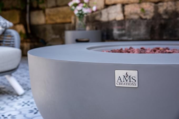 AMS Creations | Eclipse 44" Round Cast Concrete Natural Gas Fire Pit Bowl Table | Light Gray | Smooth Texture Surface | Electronic Ignition | Outdoor Patio Heater Outside Backyard Fireplace